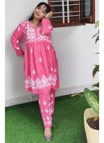 Soft Rayon Light Pink Casual Wear Embroidery Work Readymade Kurti With Bottom